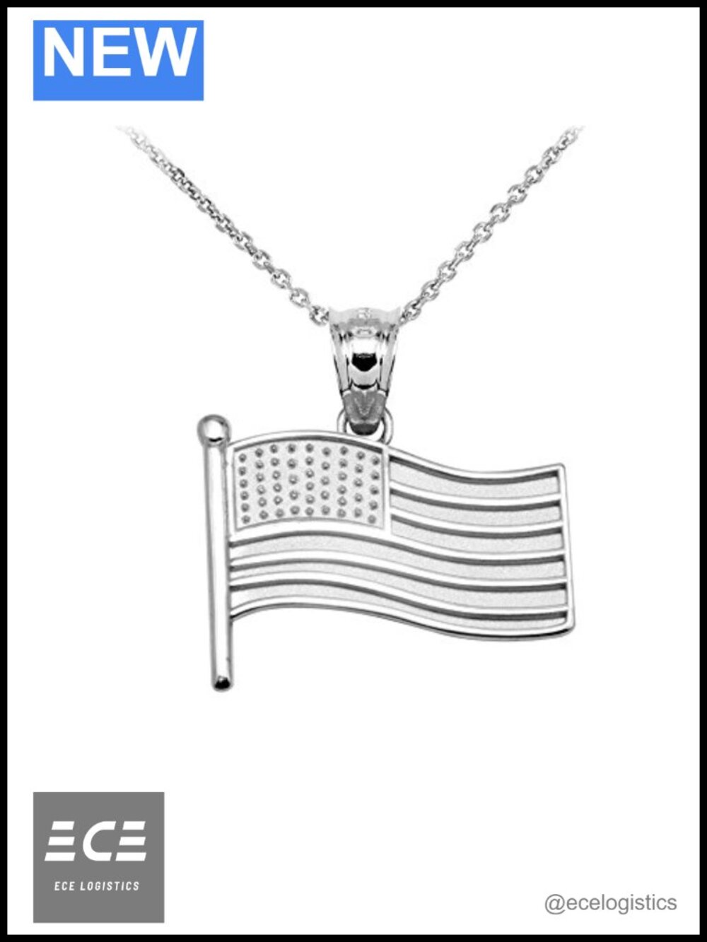 925 Sterling Silver American Flag Charm Pendant Necklace 20"